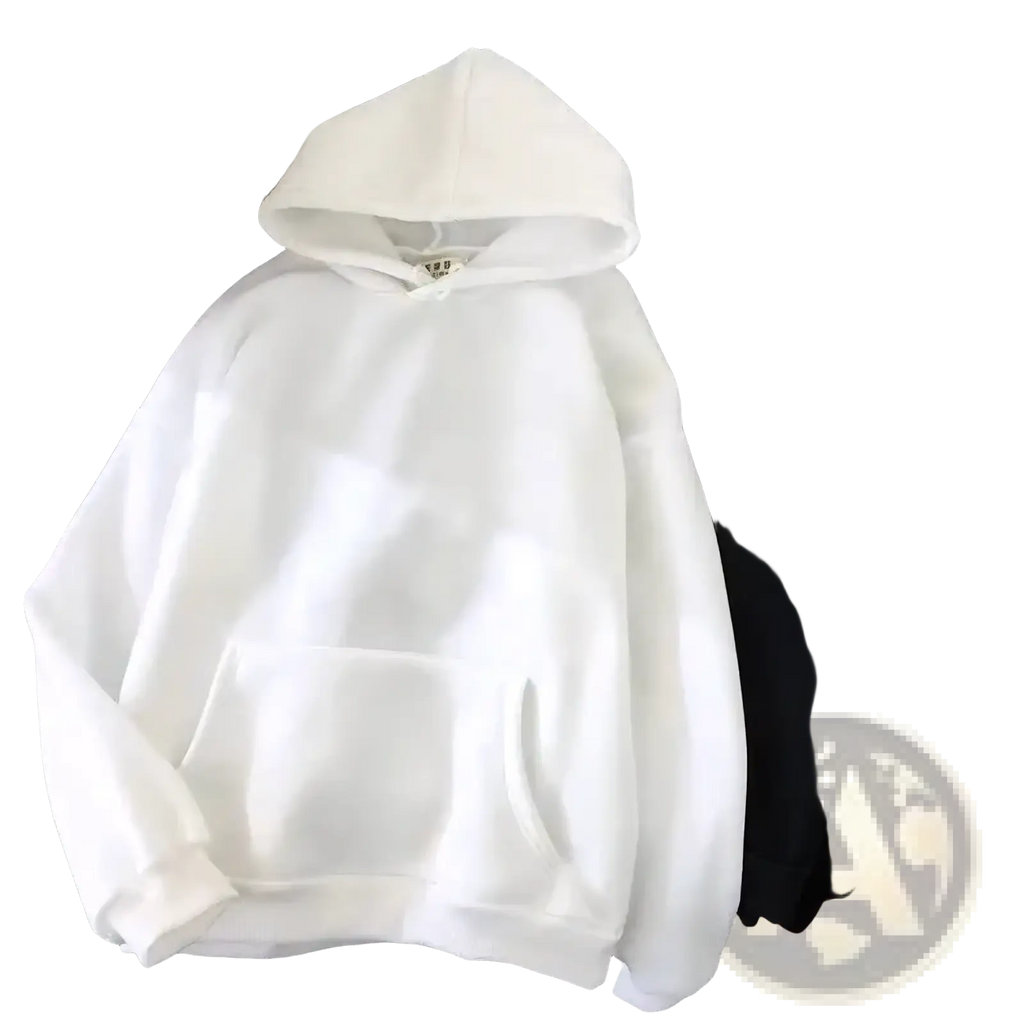 Men oversized fleece pullover hoodie in white cotton fabric with a front kangaroo pocket for casual wear