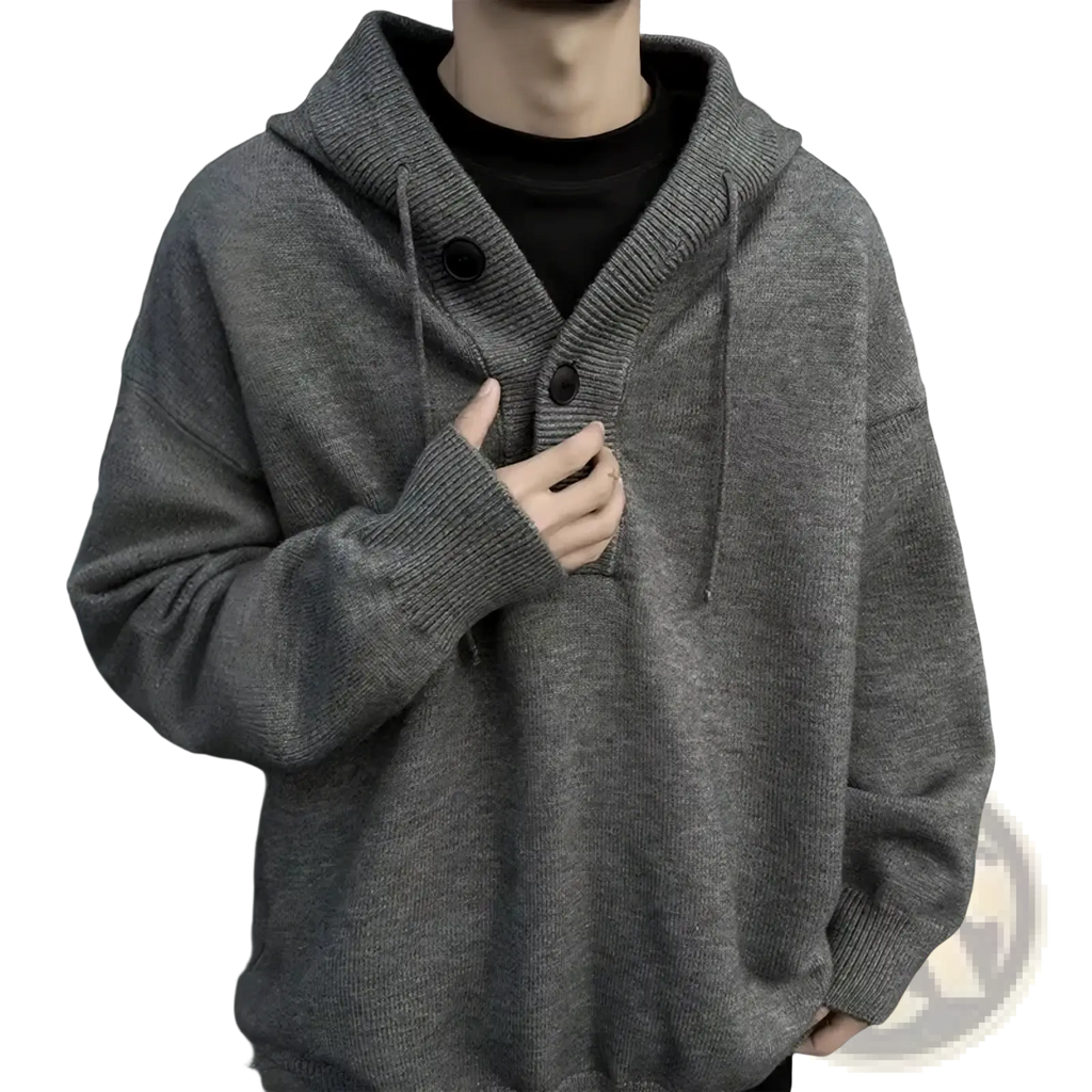 Men oversized gray knit hoodie with black buttons and drawstrings retro streetwear pullover in knit material