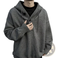 Men oversized gray knit hoodie with black buttons and drawstrings retro streetwear pullover in knit material