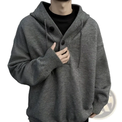Men oversized gray knit hoodie with black buttons and drawstrings retro streetwear pullover in knit material