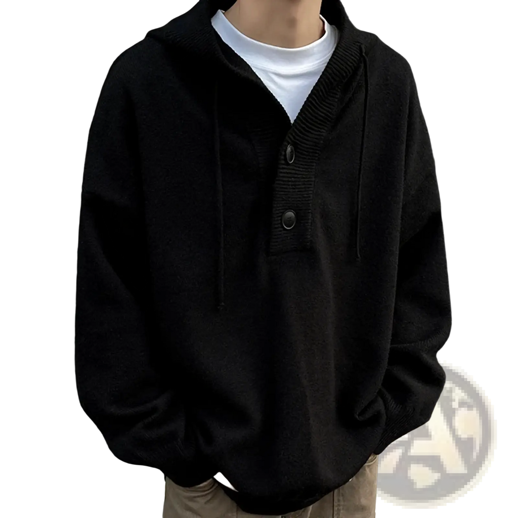 Men oversized black knit hoodie with ribbed collar and front button closure for retro streetwear pullover style