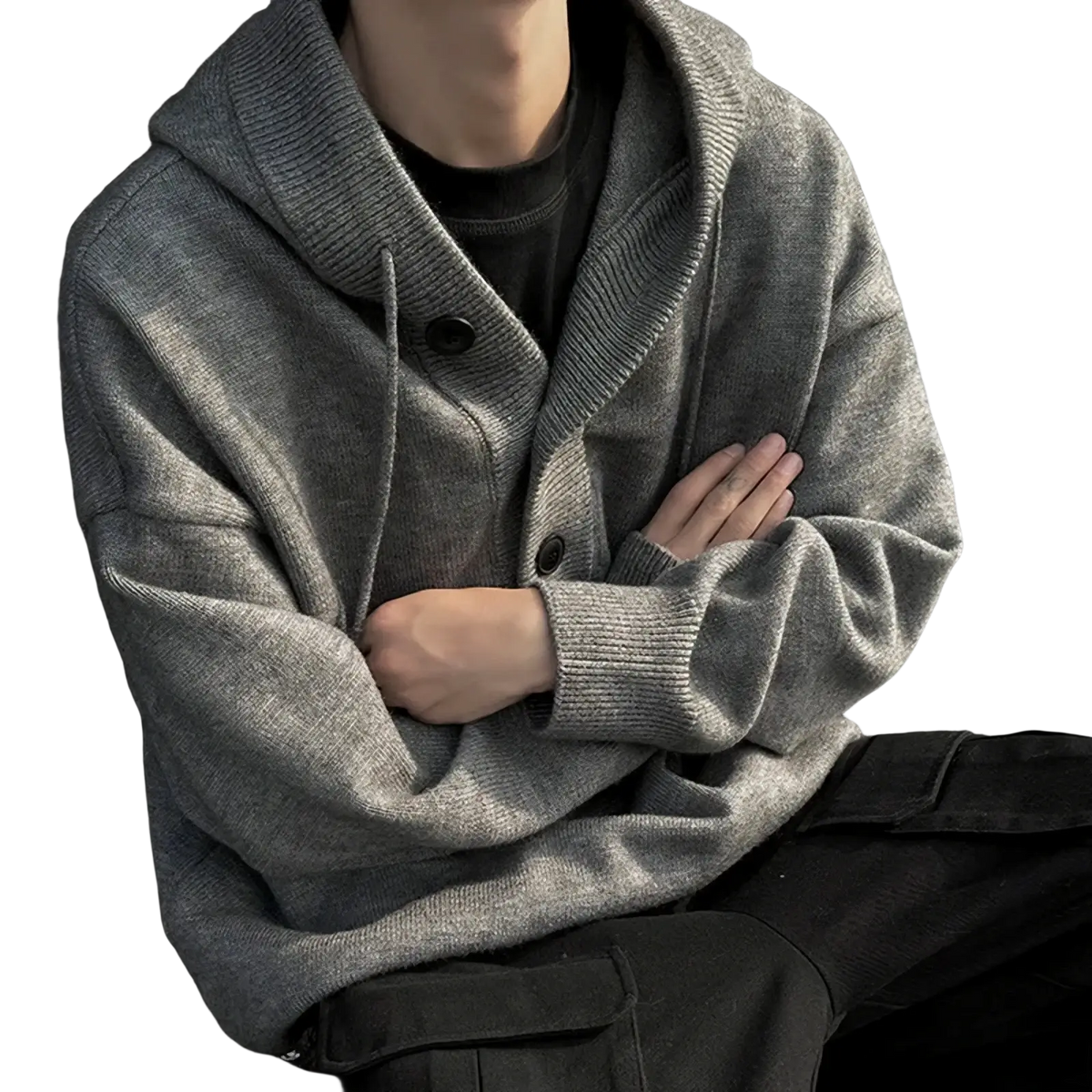 Men oversized knit hoodie in gray with ribbed texture black buttons cozy retro streetwear pullover