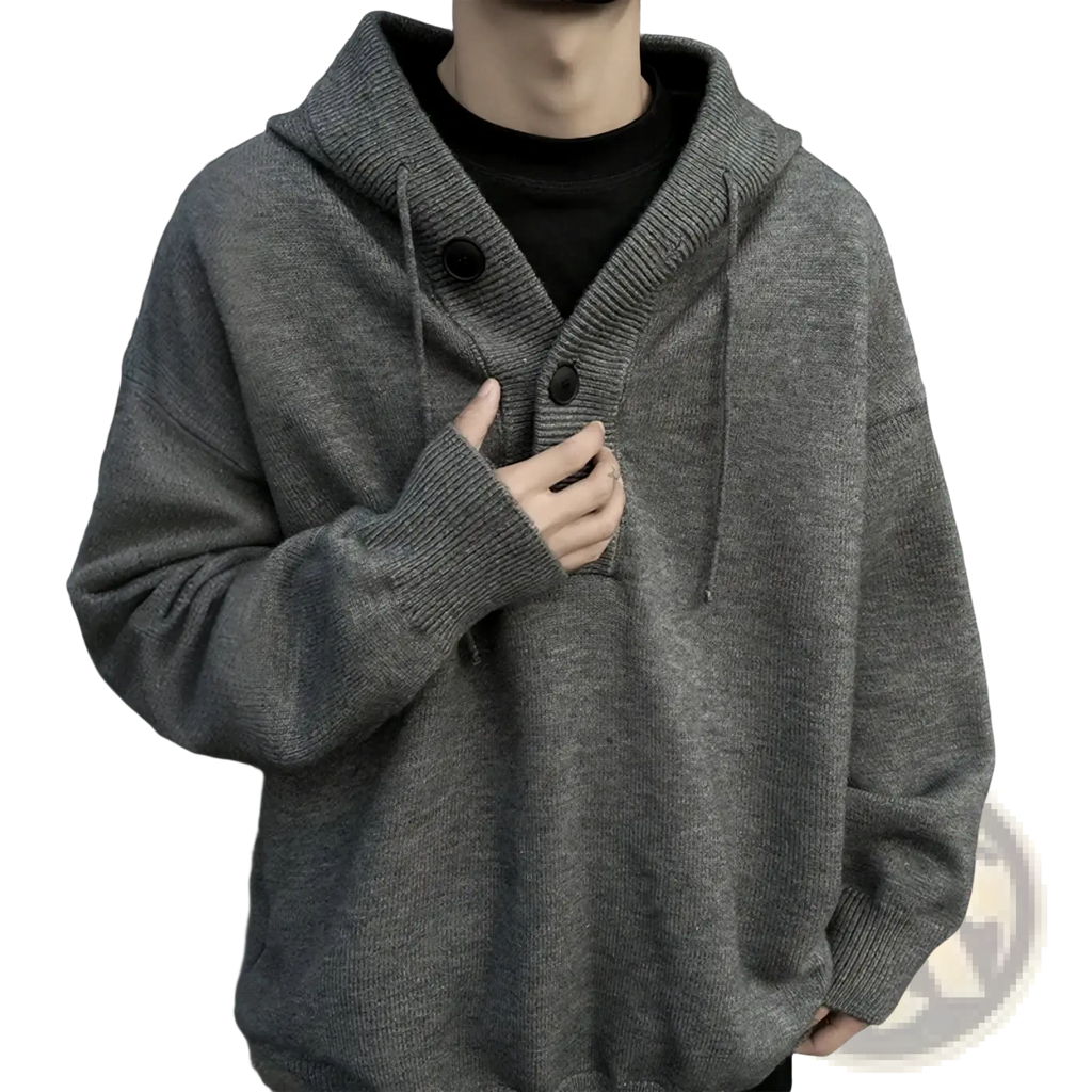 Men oversized gray knit hoodie with black buttons and drawstrings retro streetwear pullover for casual wear