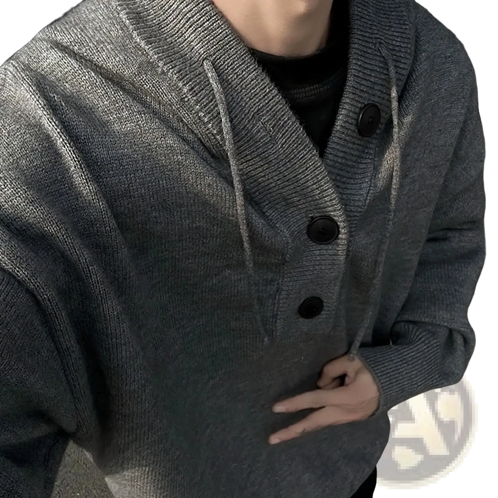 Men oversized gray ribbed knit hoodie sweater with black buttons and drawstrings for retro streetwear pullover style