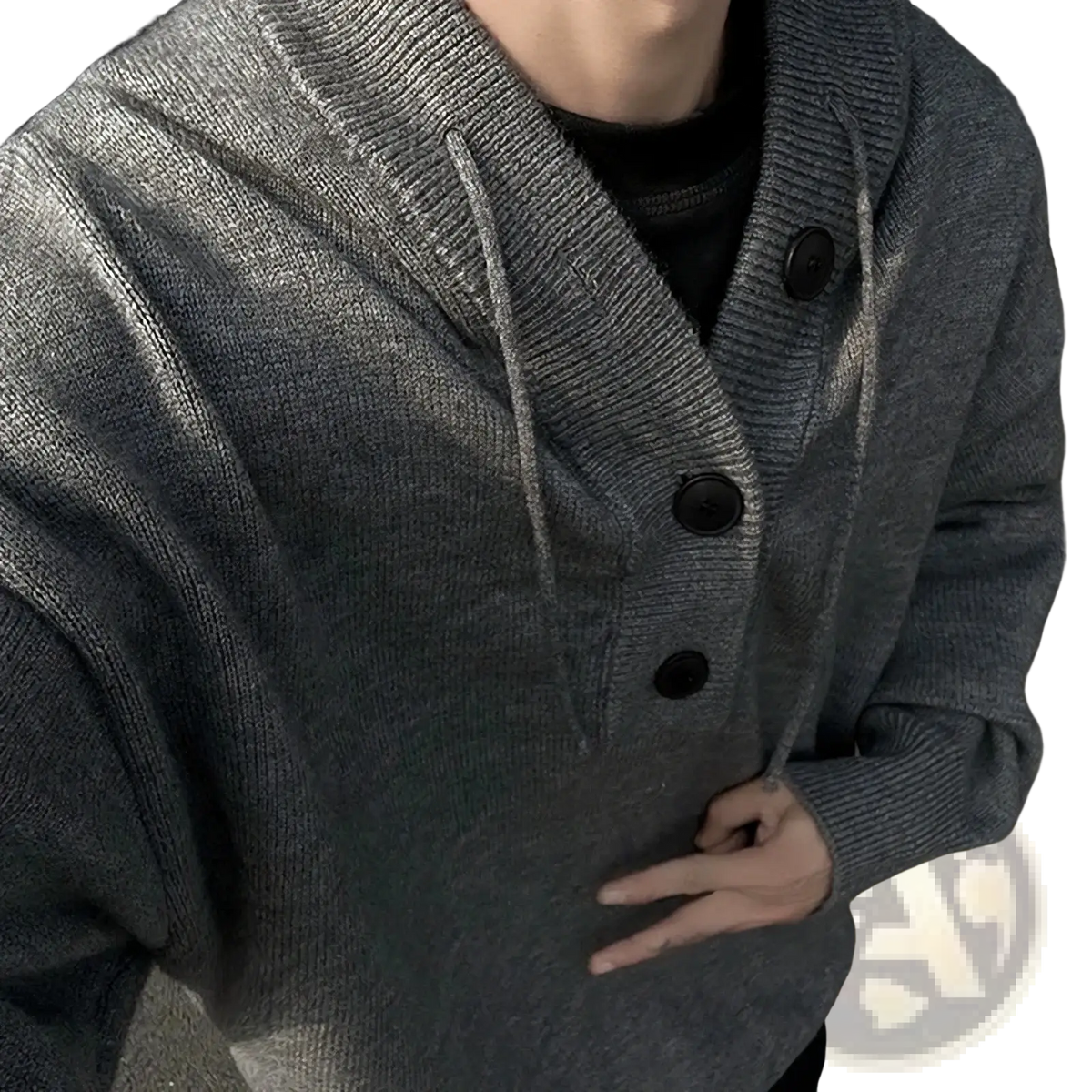 Men oversized gray ribbed knit hoodie sweater with black buttons and drawstrings for retro streetwear pullover style