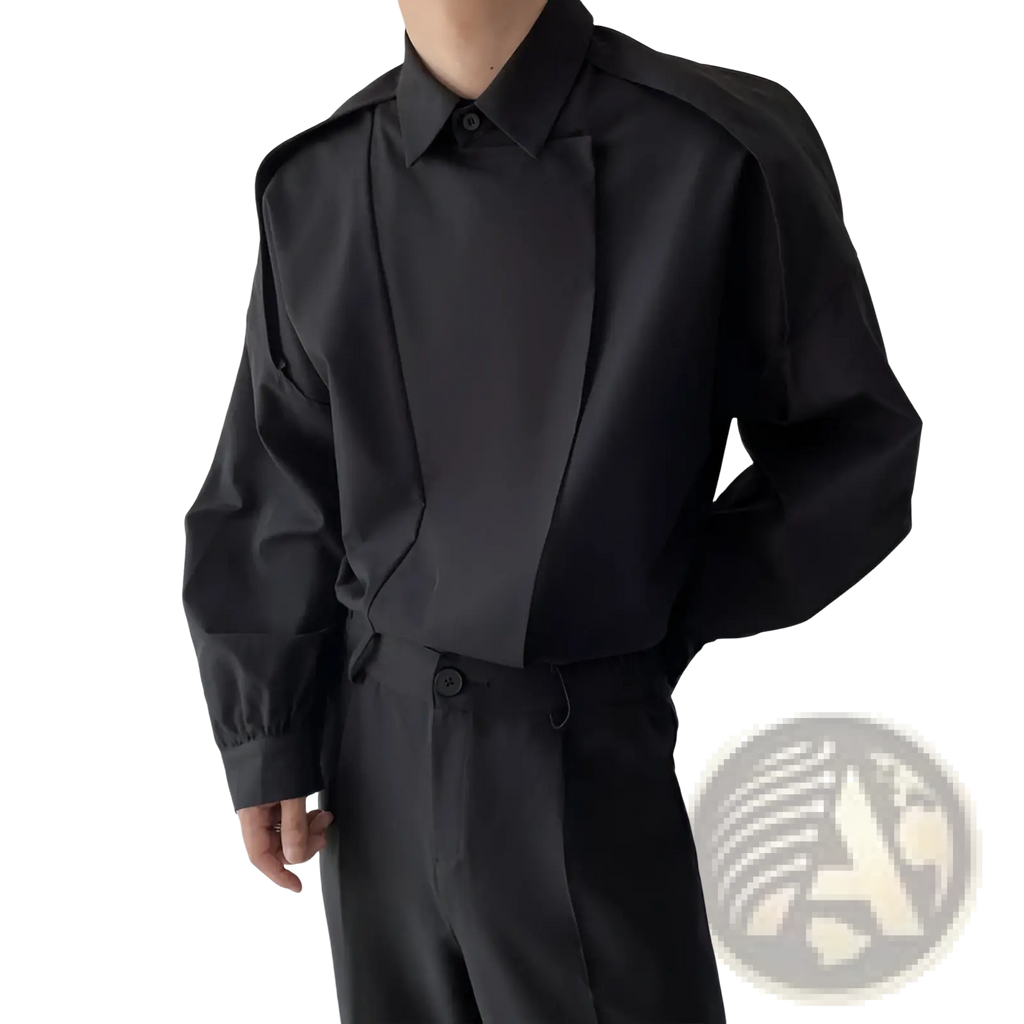 Men oversized black long sleeve button up shirt with structured collar and asymmetrical front panel design