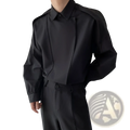 Men oversized black long sleeve button up shirt with structured collar and asymmetrical front panel design