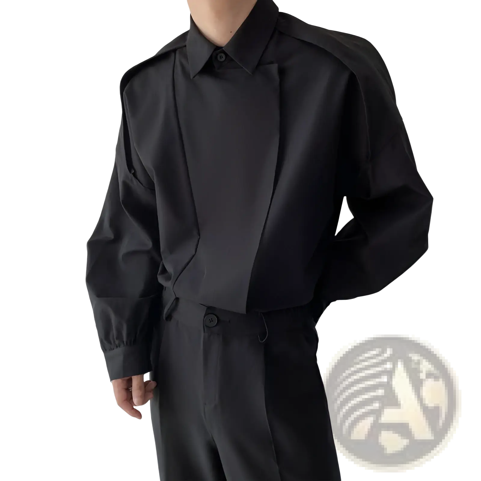 Men oversized black long sleeve button up shirt with structured collar and asymmetrical front panel design