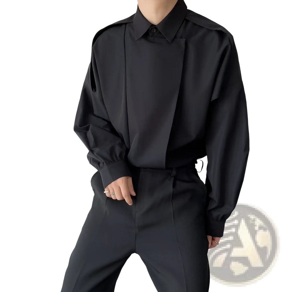 Men oversized long sleeve button up shirt in black with a structured collar and soft breathable fabric for casual wear