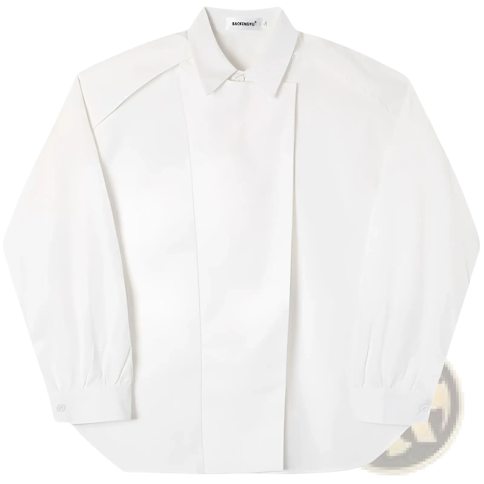 Men oversized long sleeve button up shirt in white cotton with structured collar and subtle front pleats