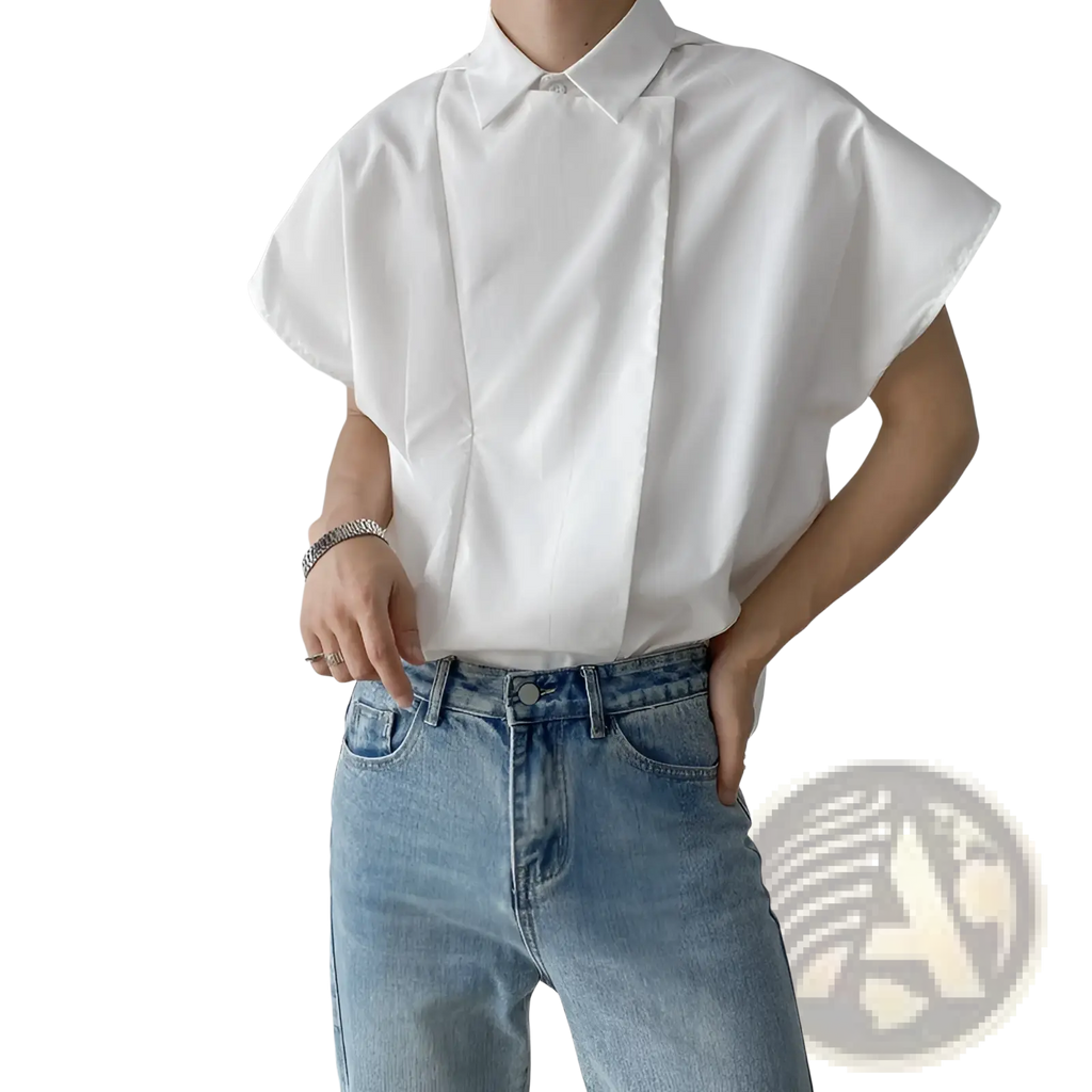 White men oversized long sleeve button up shirt with relaxed draped design and crisp collar in lightweight fabric