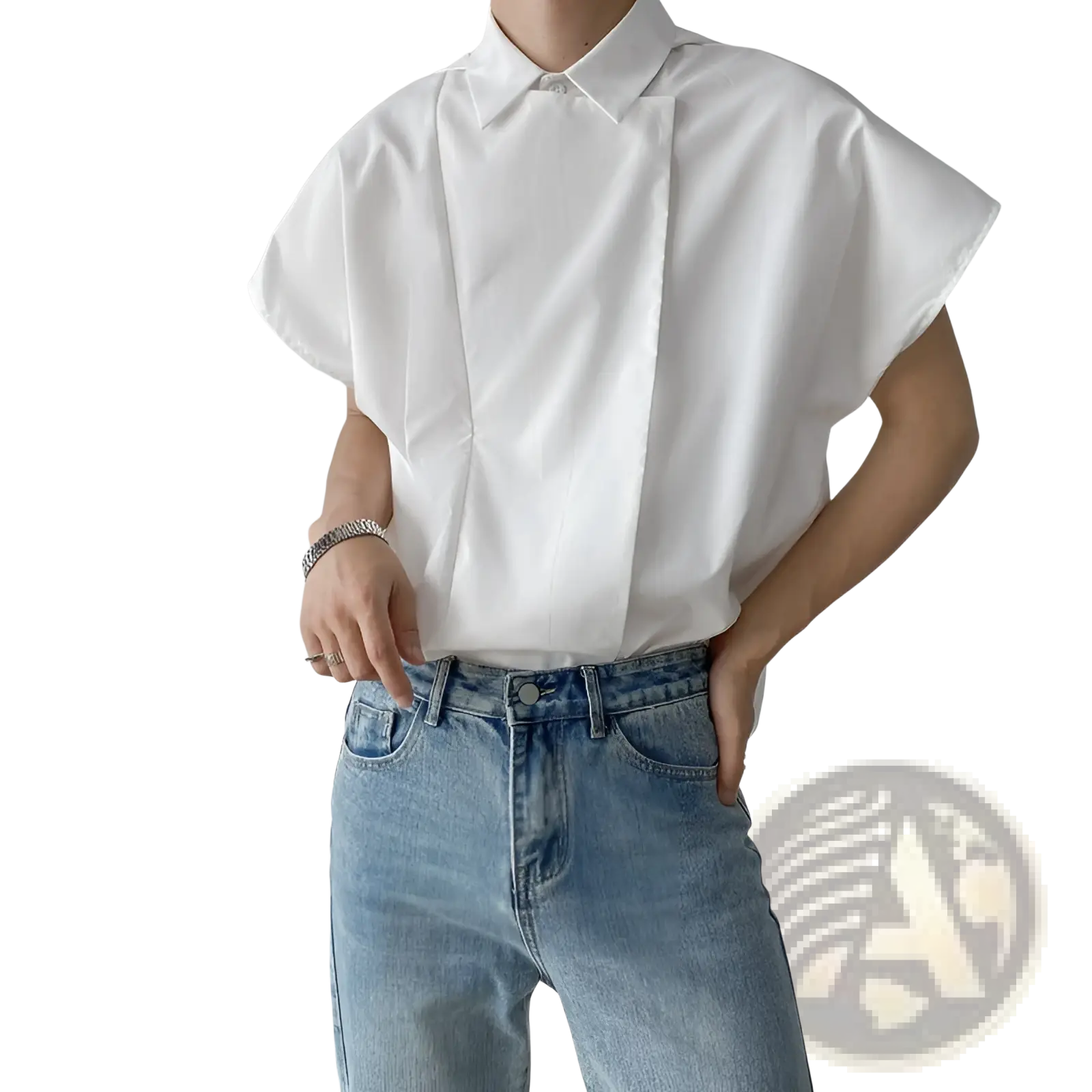 White men oversized long sleeve button up shirt with relaxed draped design and crisp collar in lightweight fabric