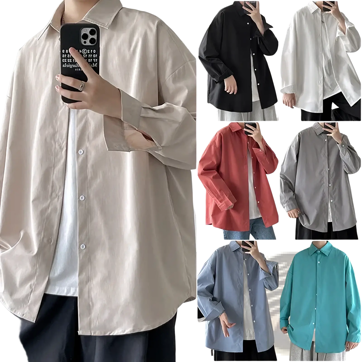 Beige oversized long sleeve casual streetwear shirt with relaxed fit button-up design for men