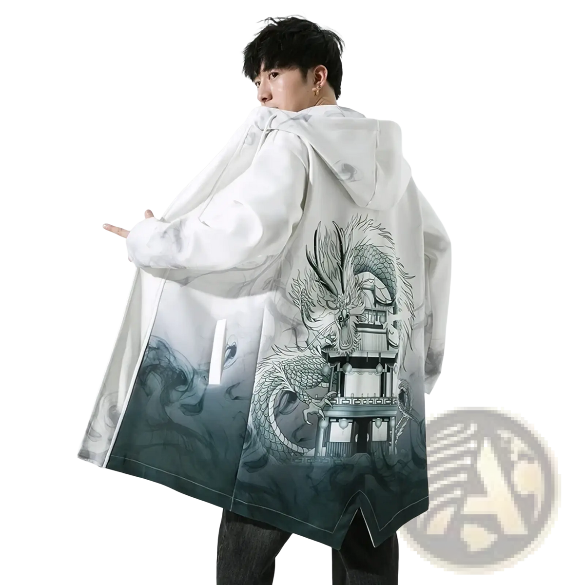 Men oversized printed trench coat jacket in white with black and gray dragon design and gradient dark green hem shown from back