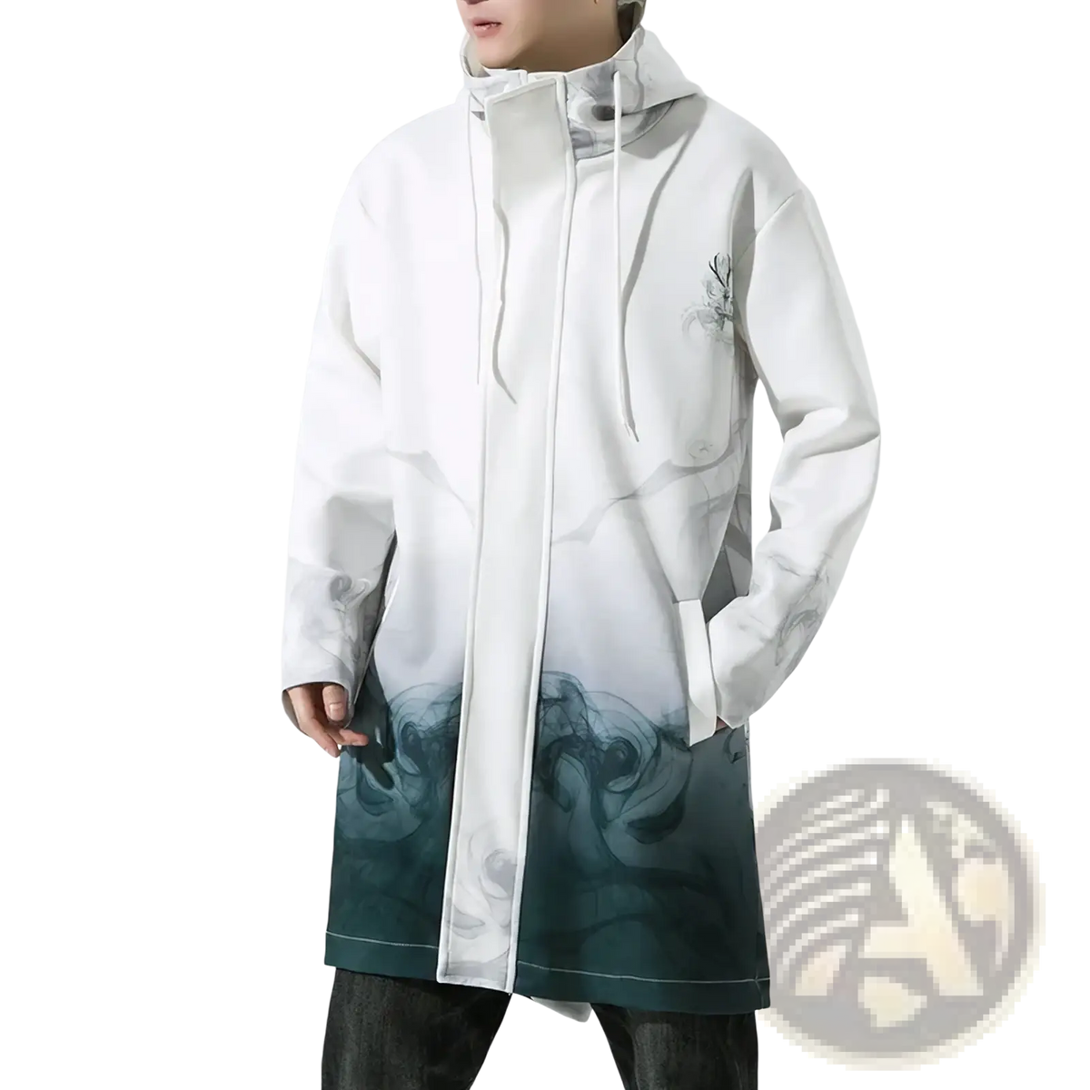 Men oversized printed trench coat jacket in white and teal gradient with hood and ink splatter design on lower half