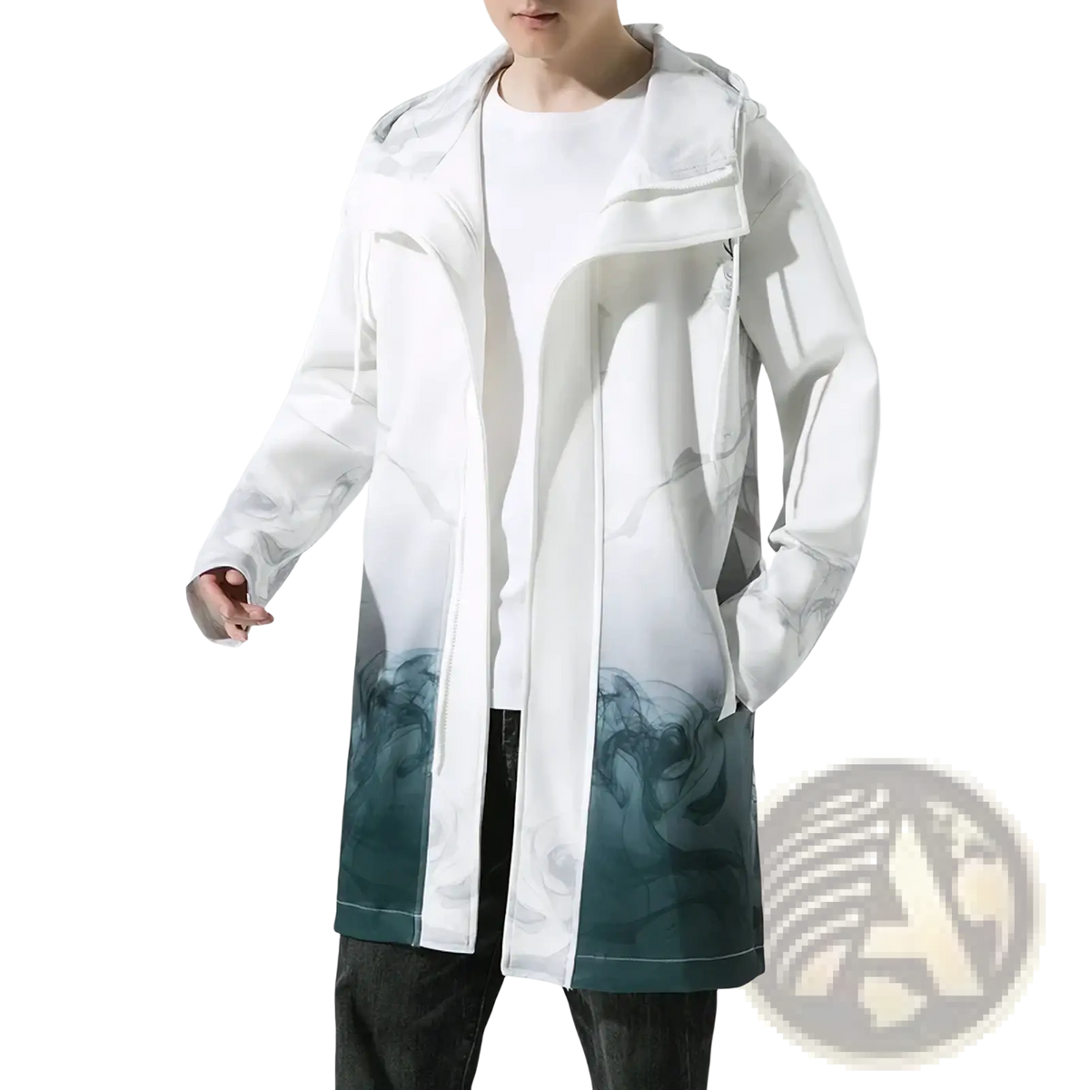 Men oversized printed trench coat jacket in white and teal gradient hooded raincoat with sleek modern design