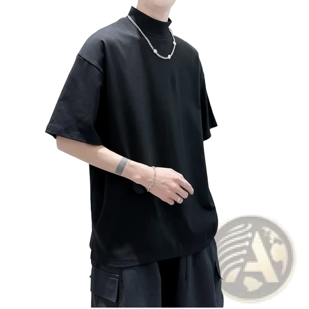 Black oversized turtleneck t-shirt with short sleeves designed for casual streetwear men fashion