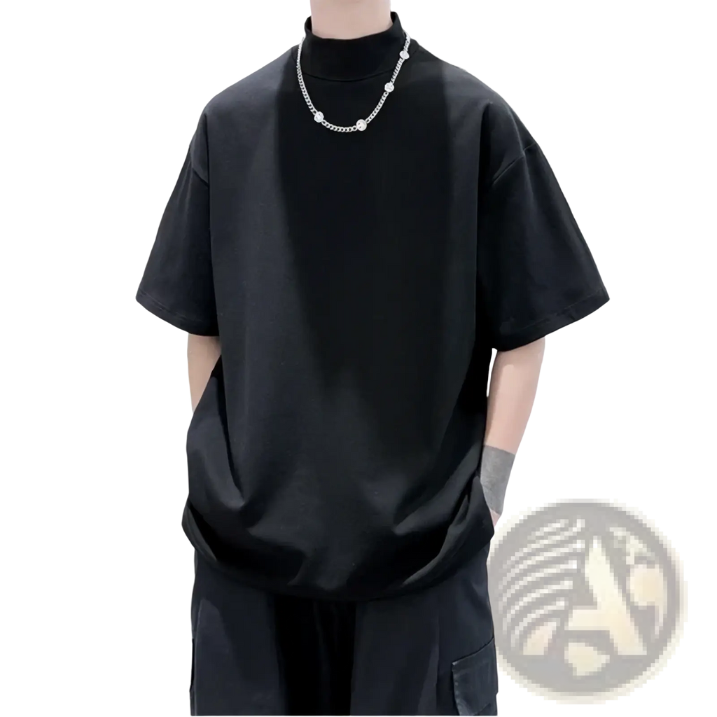 Men oversized black turtleneck t-shirt with short sleeves and relaxed fit for casual streetwear