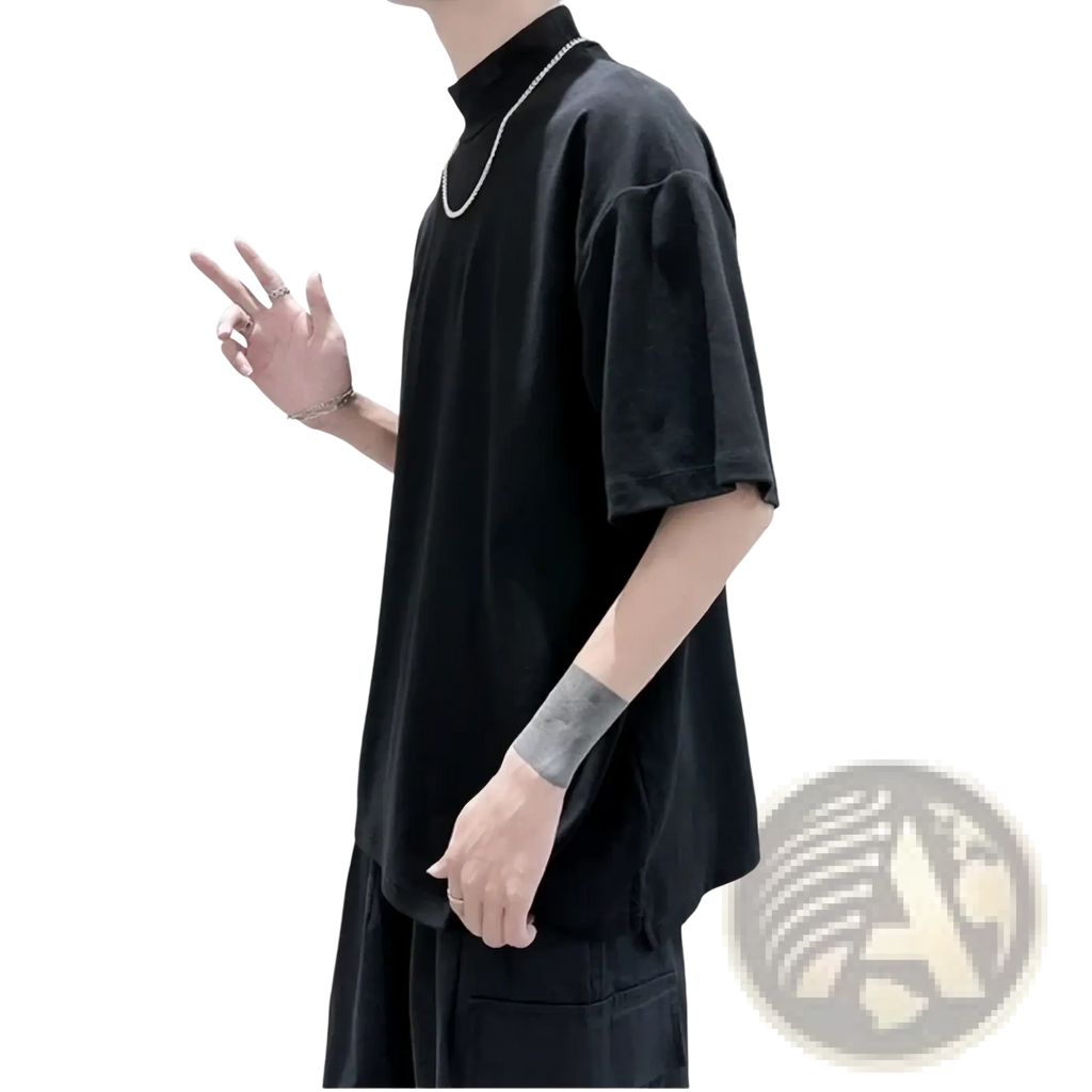 Black oversized short-sleeved turtleneck t-shirt for men with a relaxed fit suitable for casual streetwear