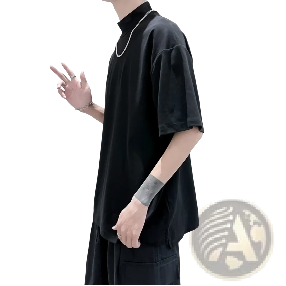 Black oversized short-sleeved turtleneck t-shirt for men with a relaxed fit suitable for casual streetwear