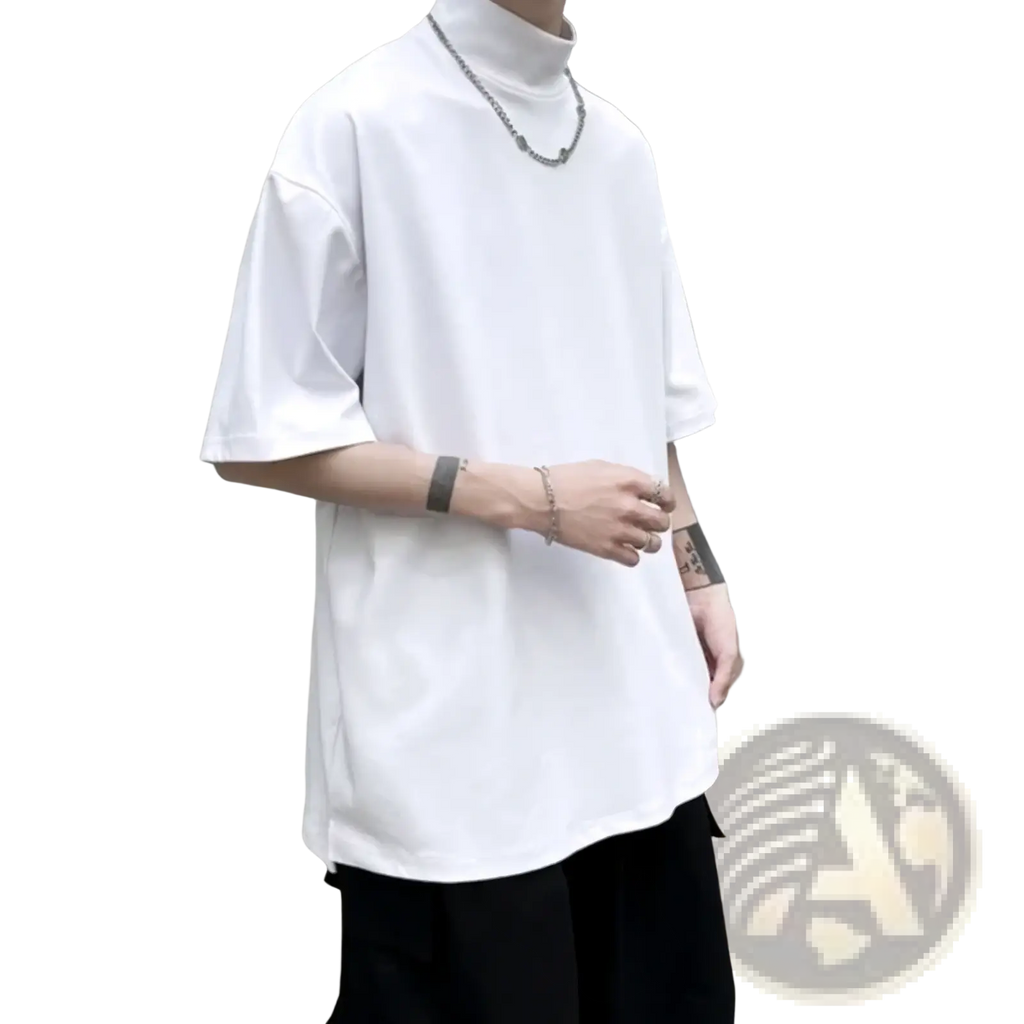 White oversized cotton turtleneck t-shirt with short sleeves for men casual streetwear style
