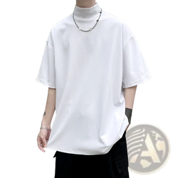 White high-neck t-shirt with short sleeves and relaxed fit for men oversized turtleneck casual streetwear