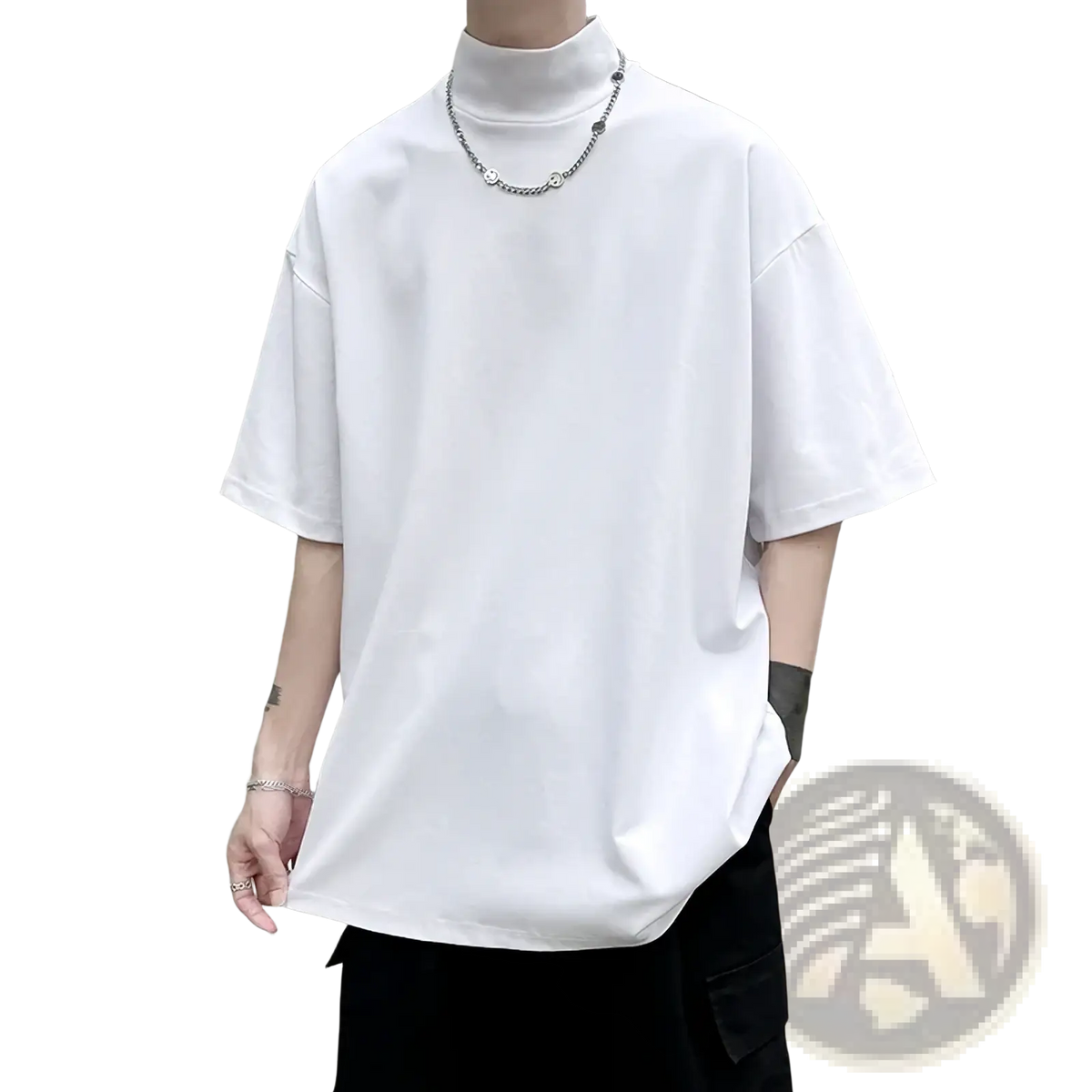 White high-neck t-shirt with short sleeves and relaxed fit for men oversized turtleneck casual streetwear