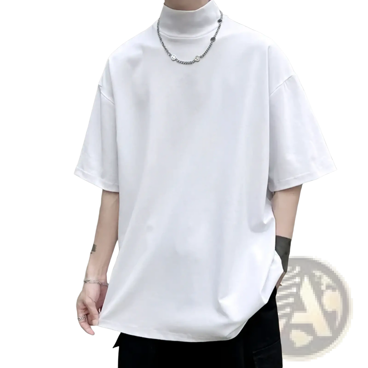 Men oversized white turtleneck t-shirt with short sleeves made of soft cotton for casual streetwear