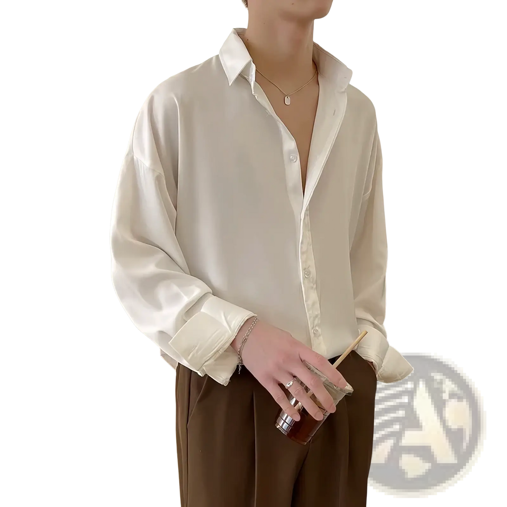 Men oversized white ice silk dress shirt in satin with a relaxed fit and long sleeves for formal wear