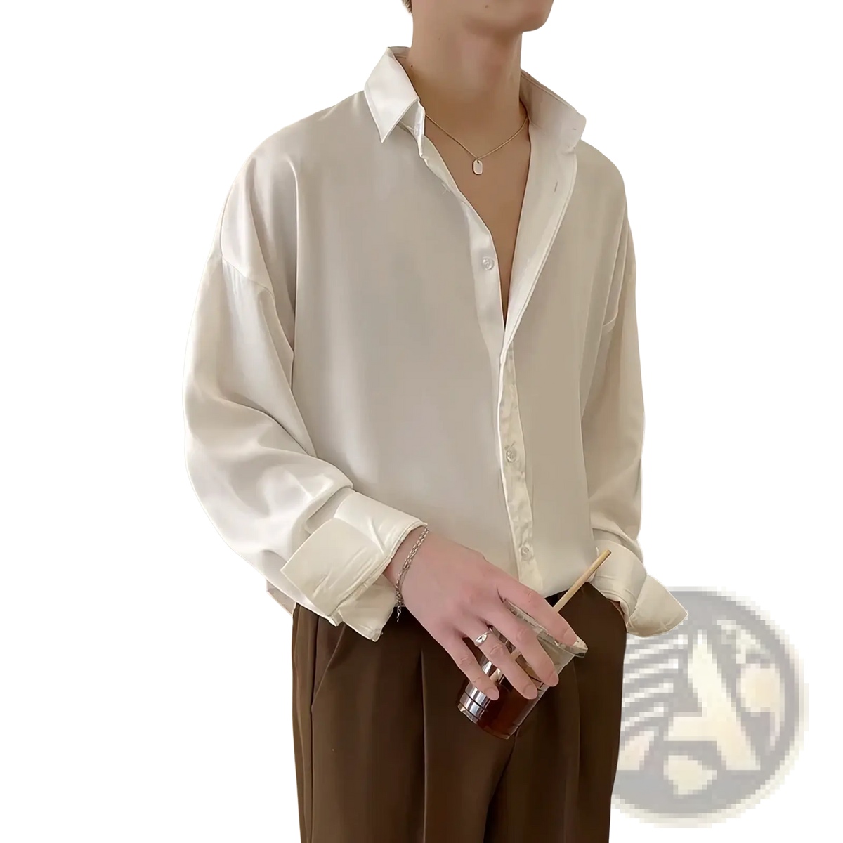 Men oversized white ice silk dress shirt in satin with a relaxed fit and long sleeves for formal wear