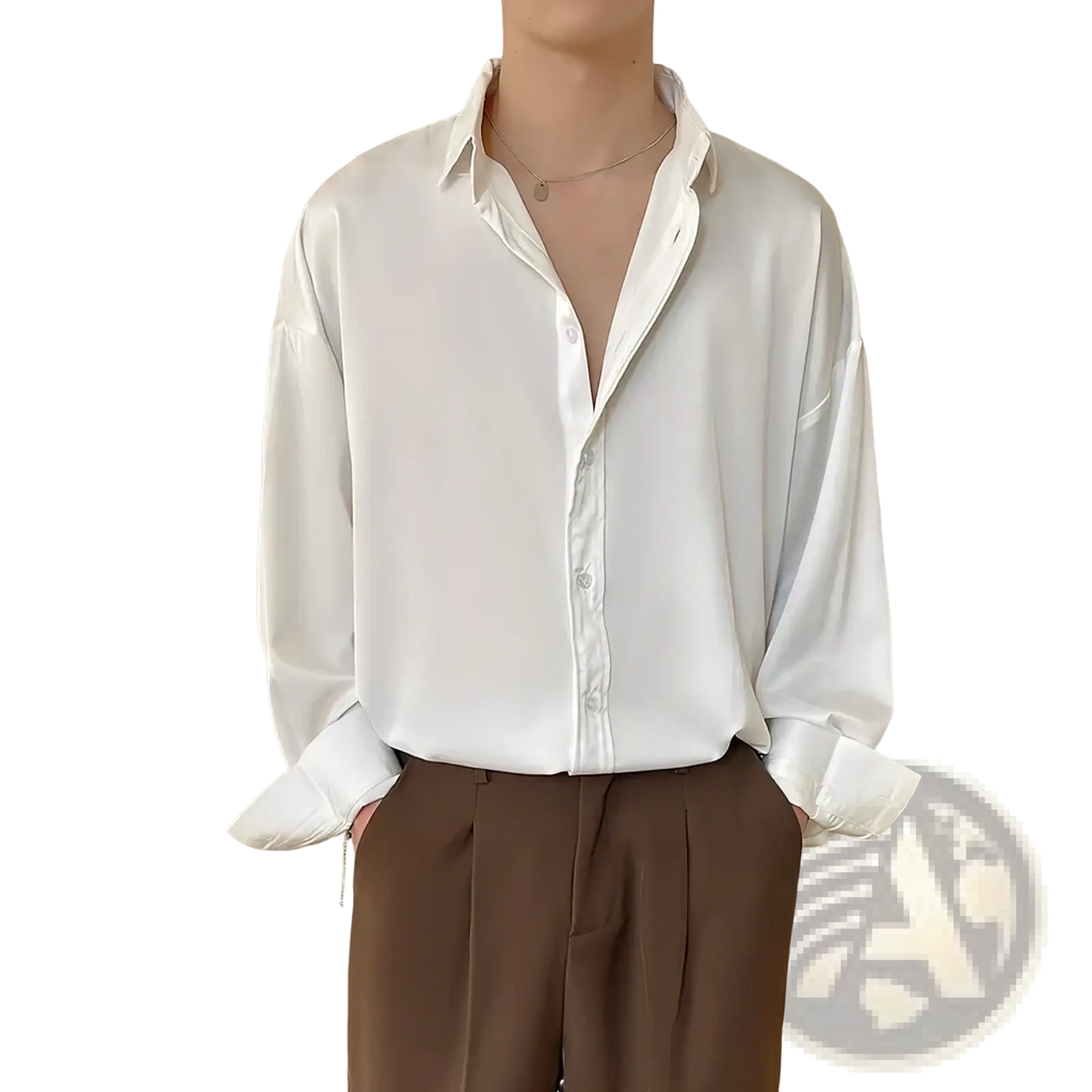Men oversized white ice silk dress shirt in satin with relaxed fit and rolled cuffs for a stylish look