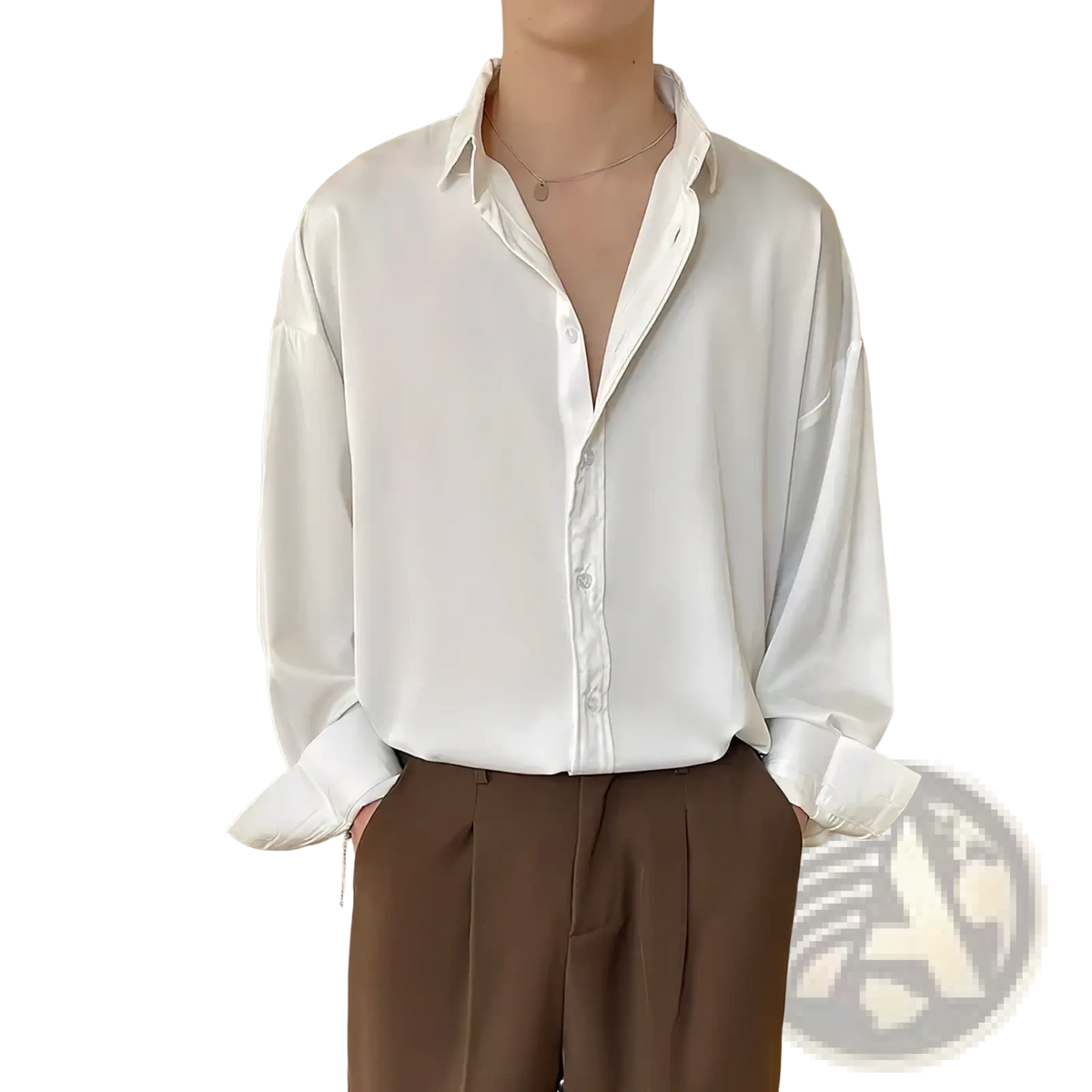 Men oversized white ice silk dress shirt in satin with relaxed fit and rolled cuffs for a stylish look