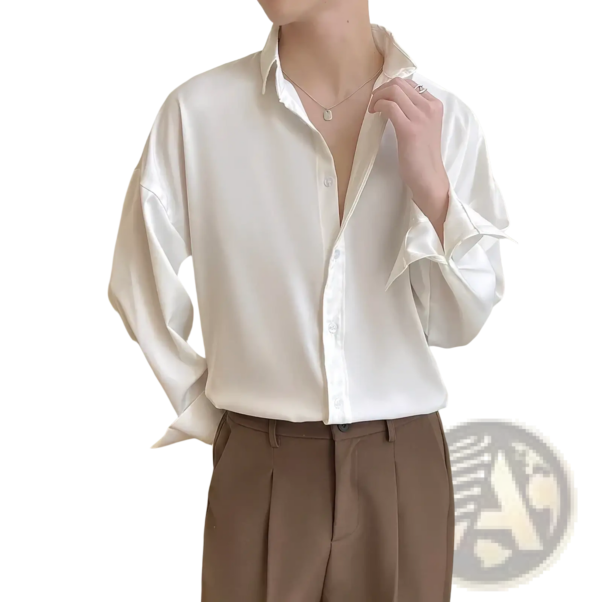 A men oversized white ice silk dress shirt with a sleek satin finish relaxed fit and rolled cuffs