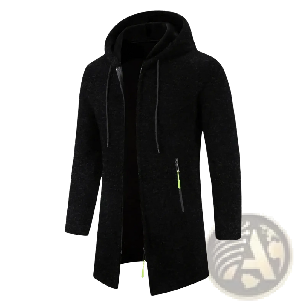 Men oversized zip hoodie winter jacket in black textured fabric with neon green zipper pulls and drawstrings