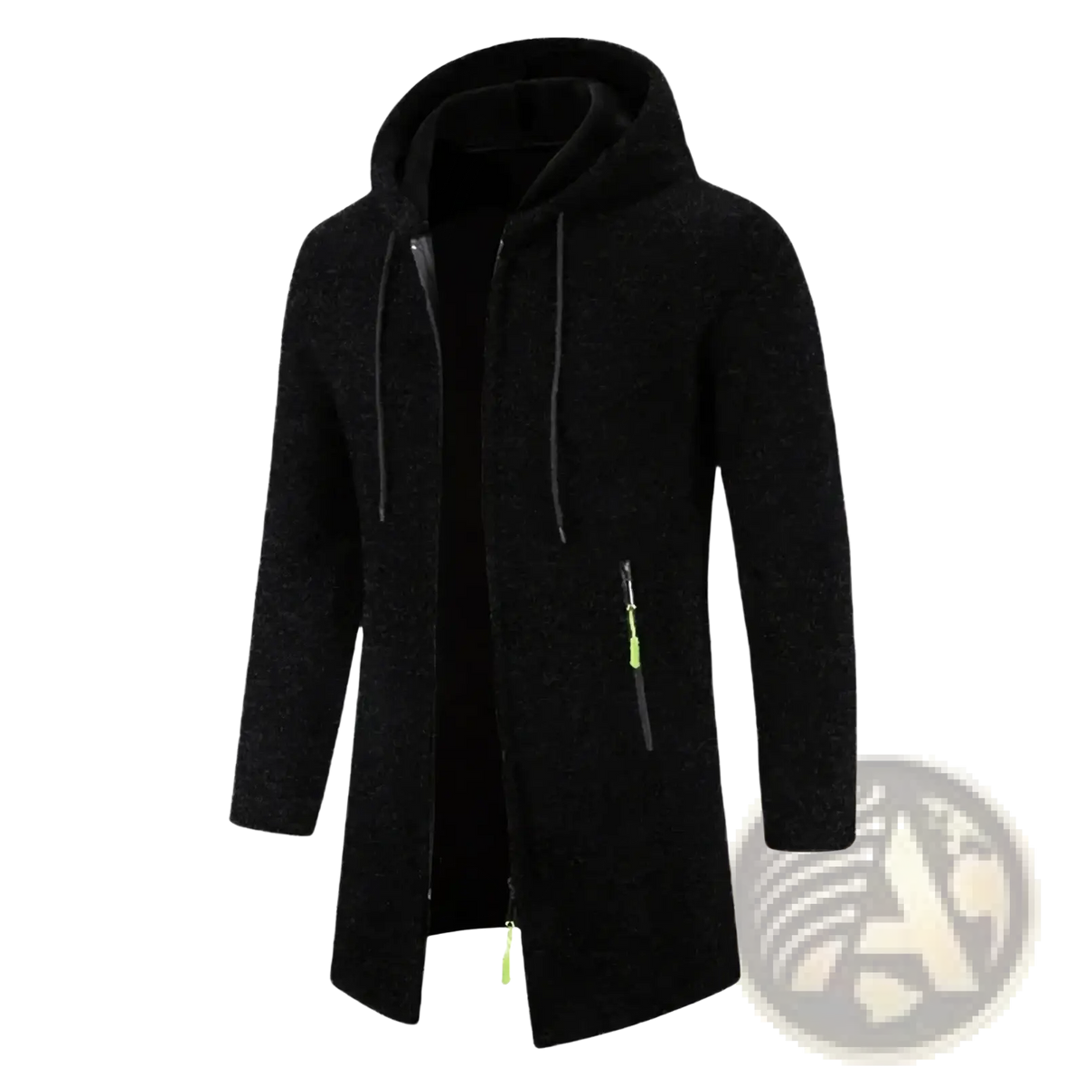 Men oversized zip hoodie winter jacket in black textured fabric with neon green zipper pulls and drawstrings