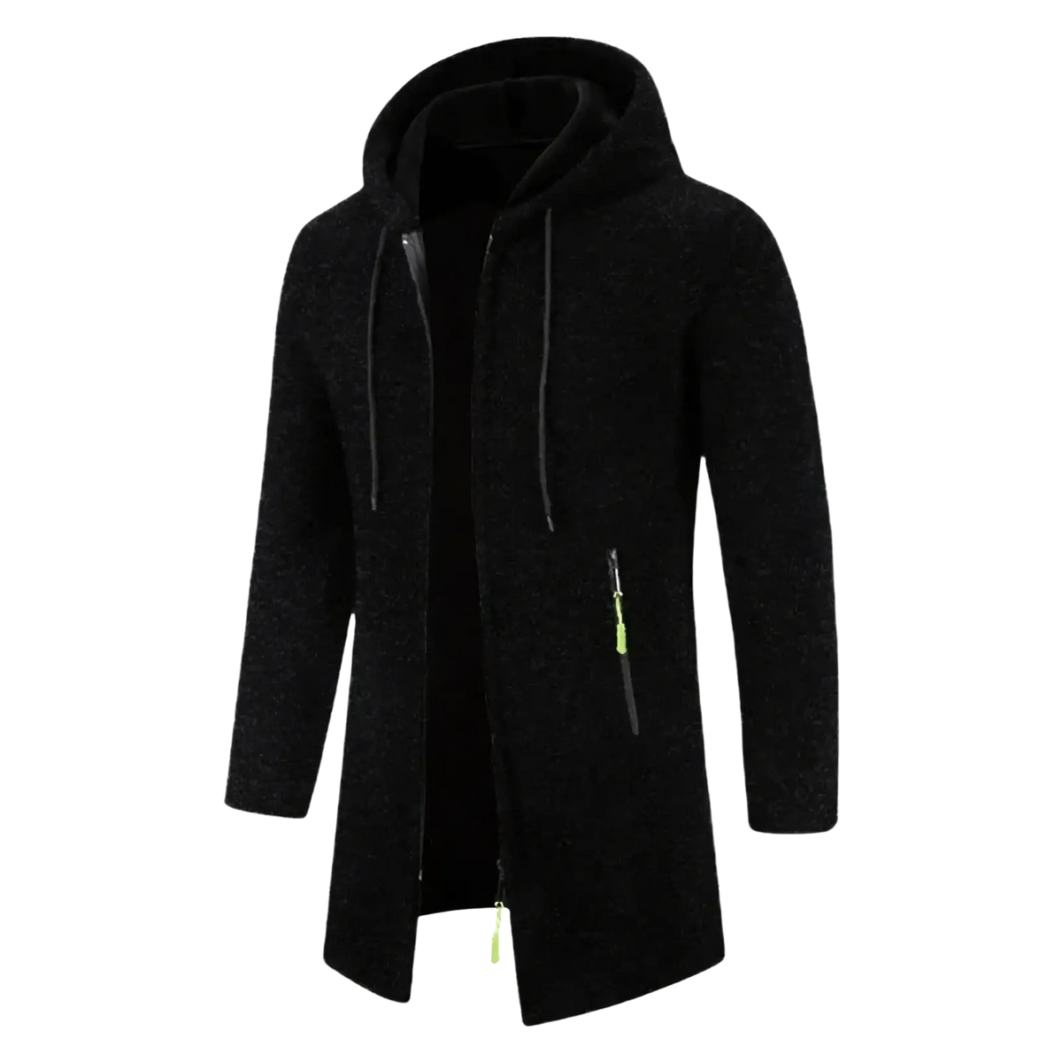 Men oversized zip hoodie winter jacket in black textured fabric with neon green zipper pulls and drawstrings