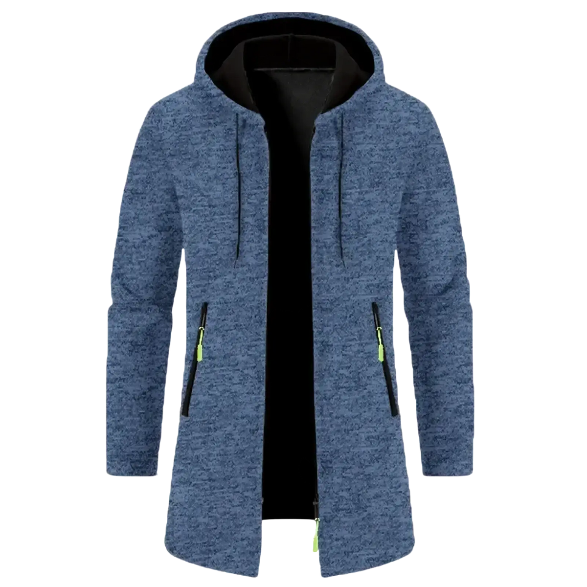 Men oversized zip hoodie in blue heathered fabric with black lining and neon green zipper pulls for winter wear