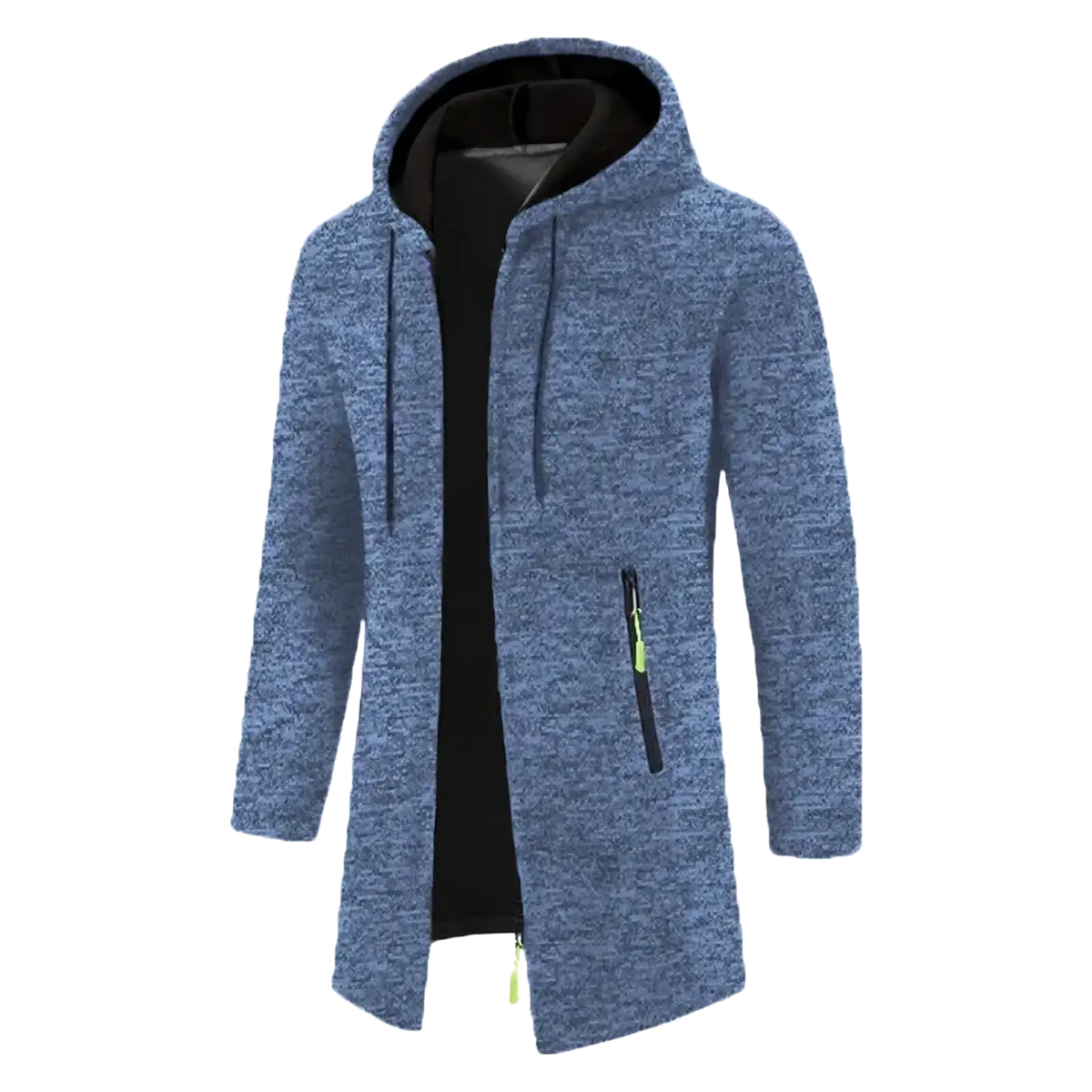 Men oversized zip hoodie in blue heathered fabric with black lining and neon green zipper pulls for winter wear