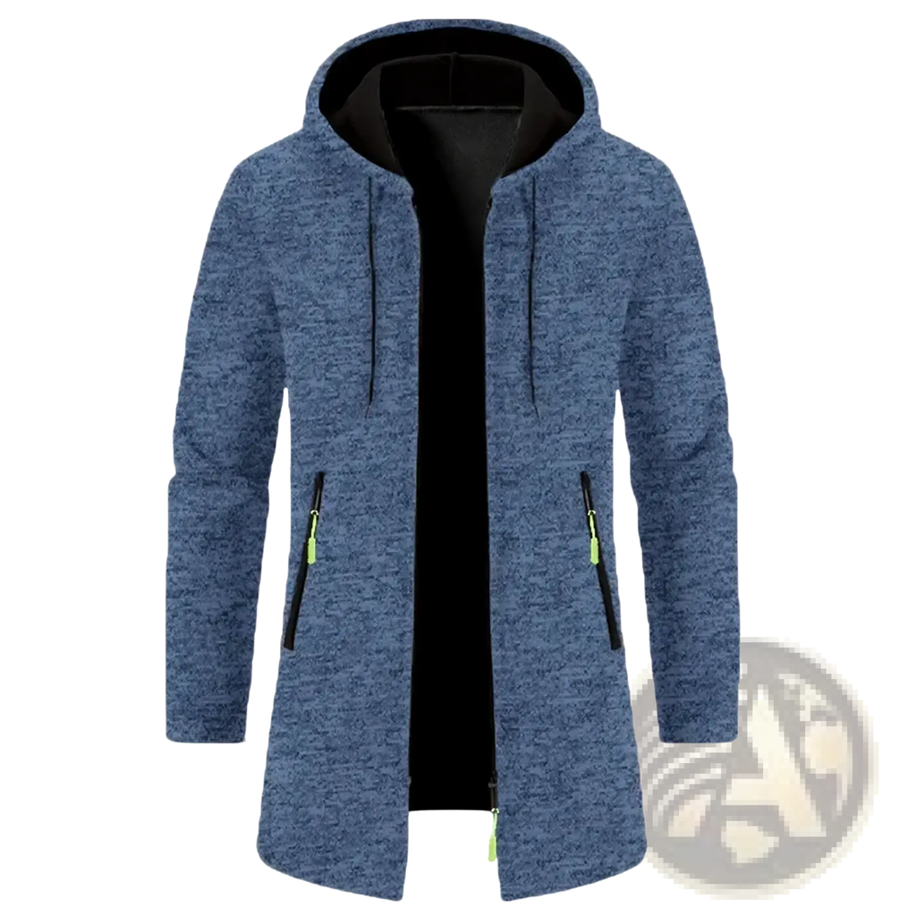 Men oversized zip hoodie winter jacket in blue heathered fabric with black lining and neon green zipper pulls