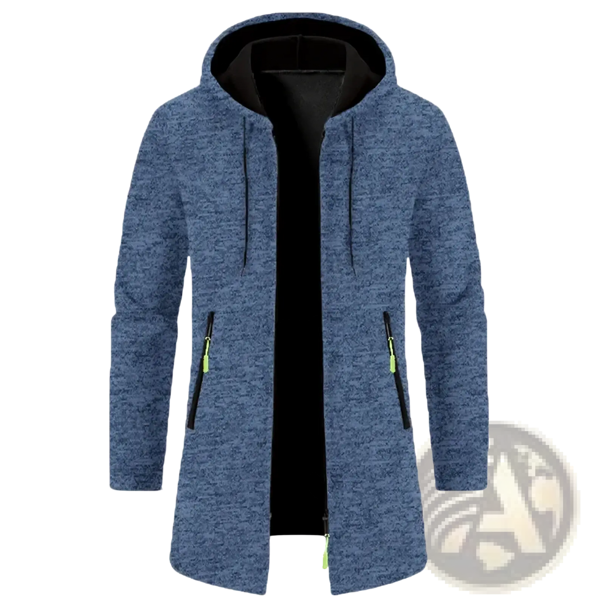 Men oversized zip hoodie winter jacket in blue heathered fabric with black lining and neon green zipper pulls