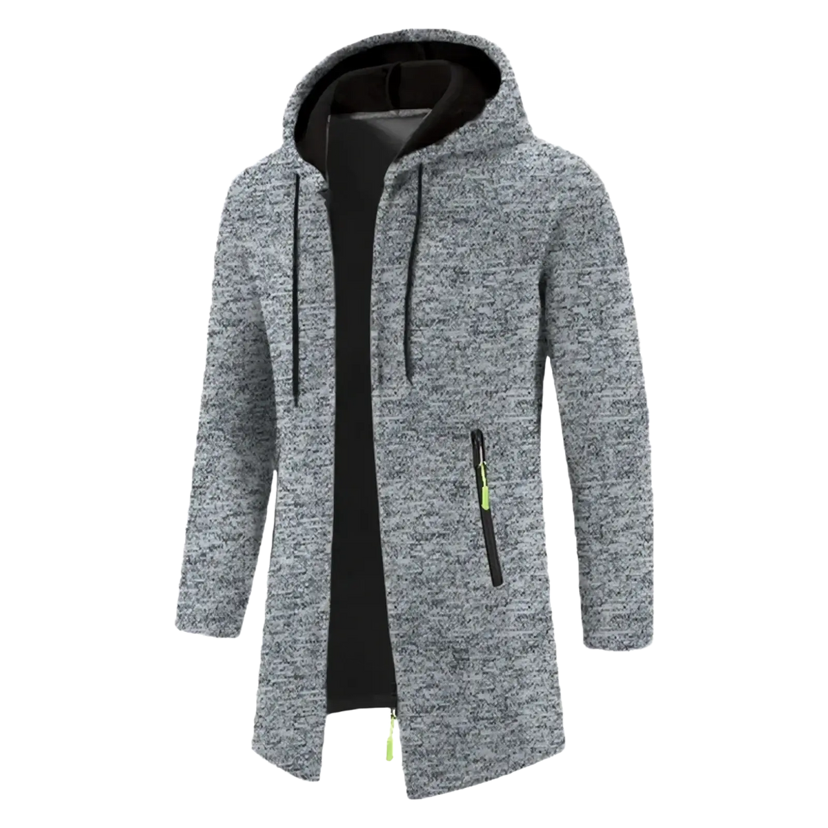 Men oversized zip hoodie winter jacket in gray heathered fabric with black lining and neon green zipper pulls