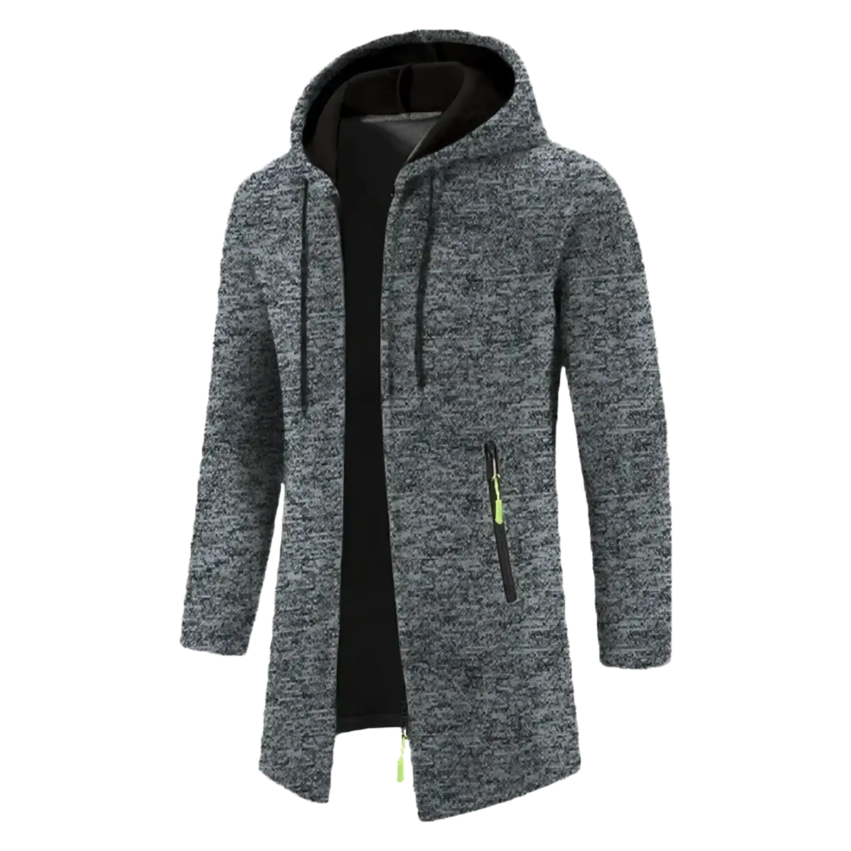 Men oversized zip hoodie in gray marled fabric with black lining and neon green zipper pulls for winter wear