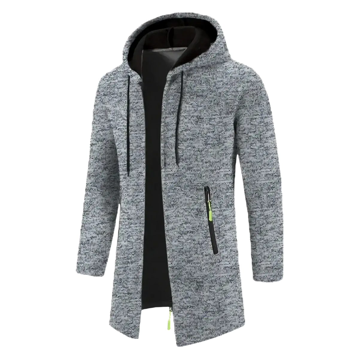 Men oversized zip hoodie gray marled with black inner lining and neon green zipper pulls winter jacket