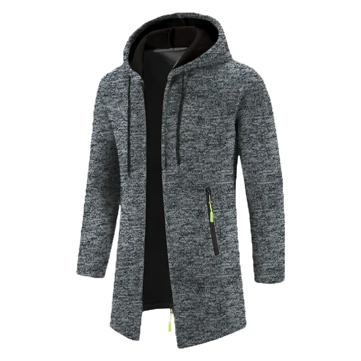 Men oversized zip hoodie winter jacket in gray marled fabric with black lining and neon green zipper pulls