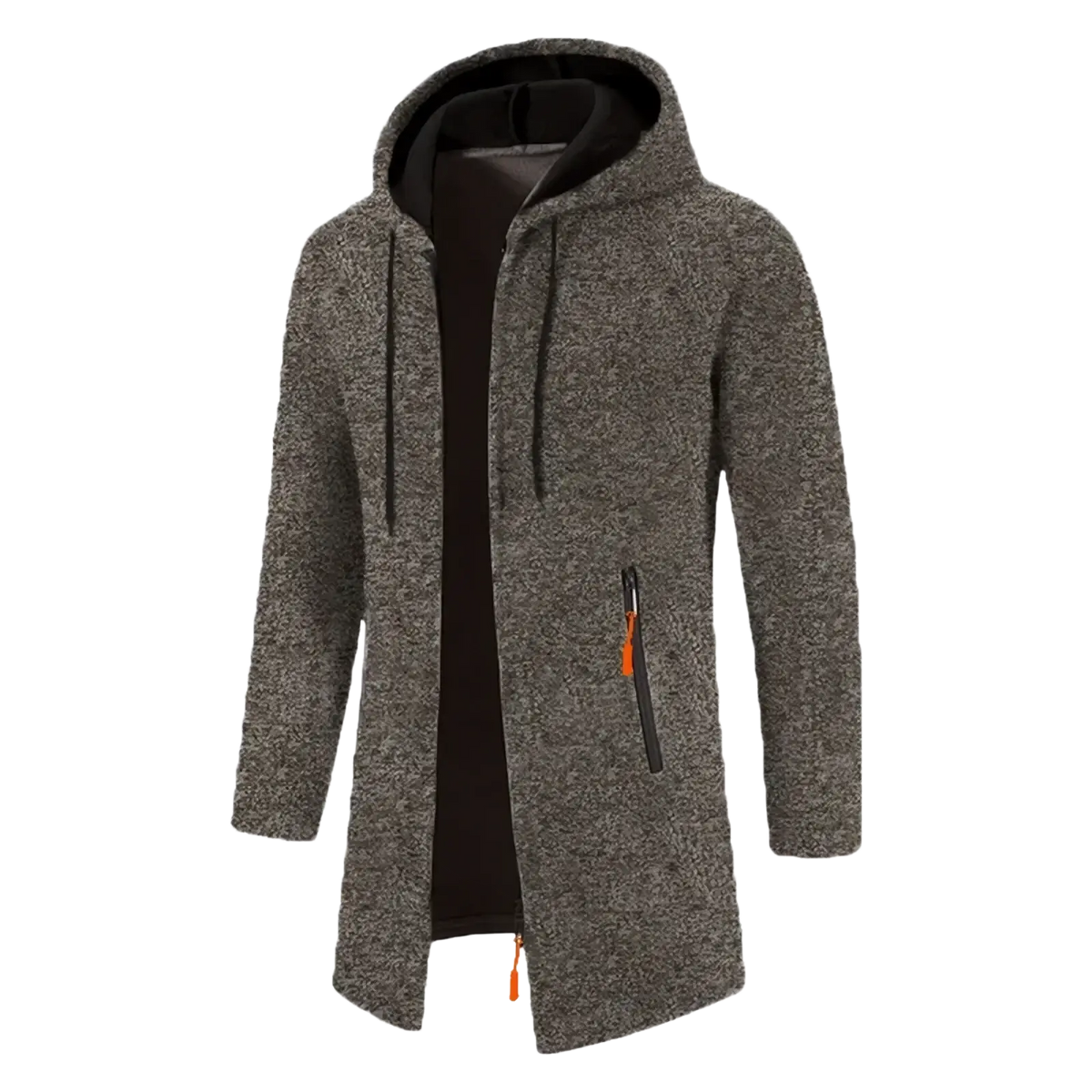 Men oversized zip hoodie winter jacket in gray textured fabric with black lining and orange zipper pulls
