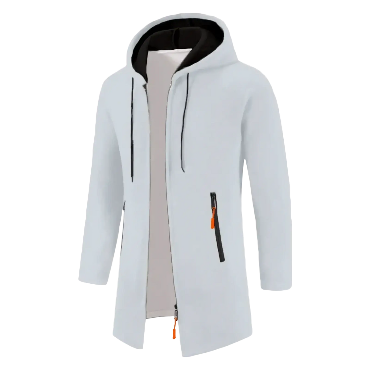 Men oversized zip hoodie winter jacket in light gray with black inner lining and orange zipper pulls