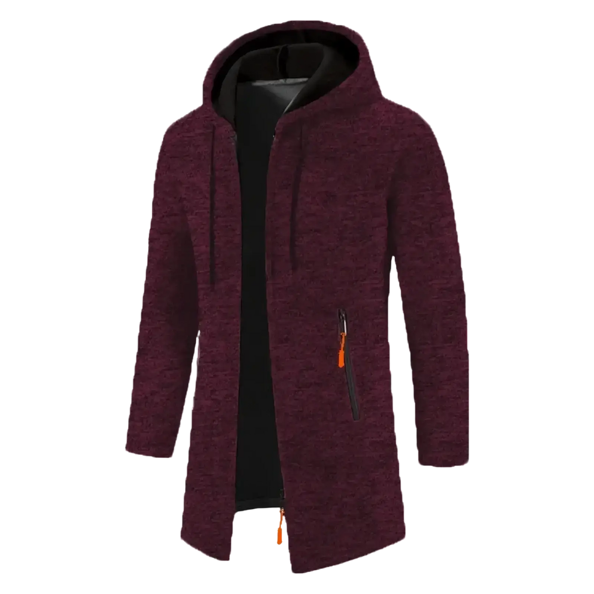 Men oversized zip hoodie winter jacket in maroon textured fabric with black lining and orange zipper pulls