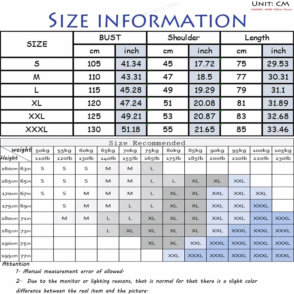 Size chart for men oversized zip hoodie winter jacket with measurements in cm and inches from S to XXXL and size recommendations