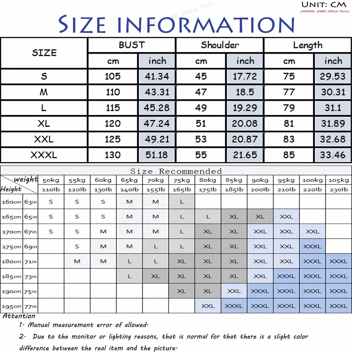 Size chart for men oversized zip hoodie winter jacket with measurements in cm and inches from S to XXXL and size recommendations