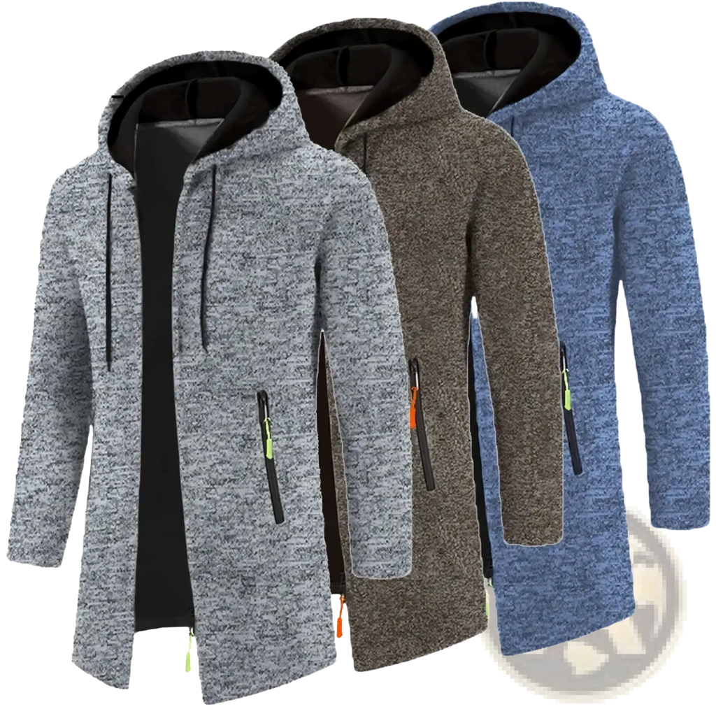 Men oversized zip hoodie winter jackets in heather gray brown and blue with black-lined hoods and neon zipper pulls